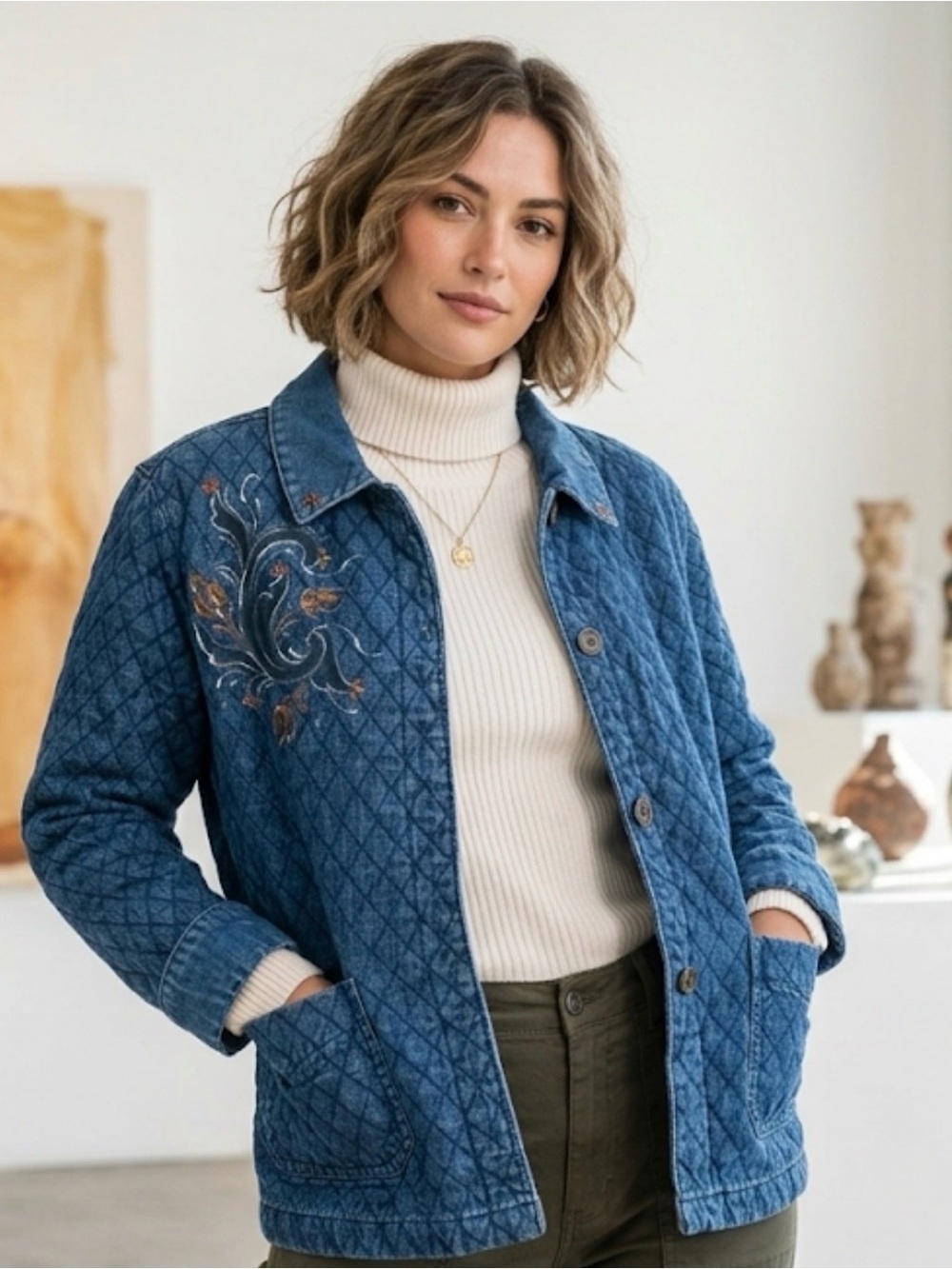 Vintage Ptny Quilted Hand Painted Cottagecore Artsy Denim Jacket Size M